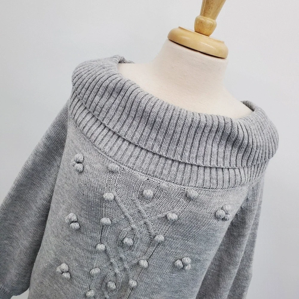 Womens 1X Gray Knit‎ Bobble Sweater Pullover Off Shoulder Slouchy Collar Winter